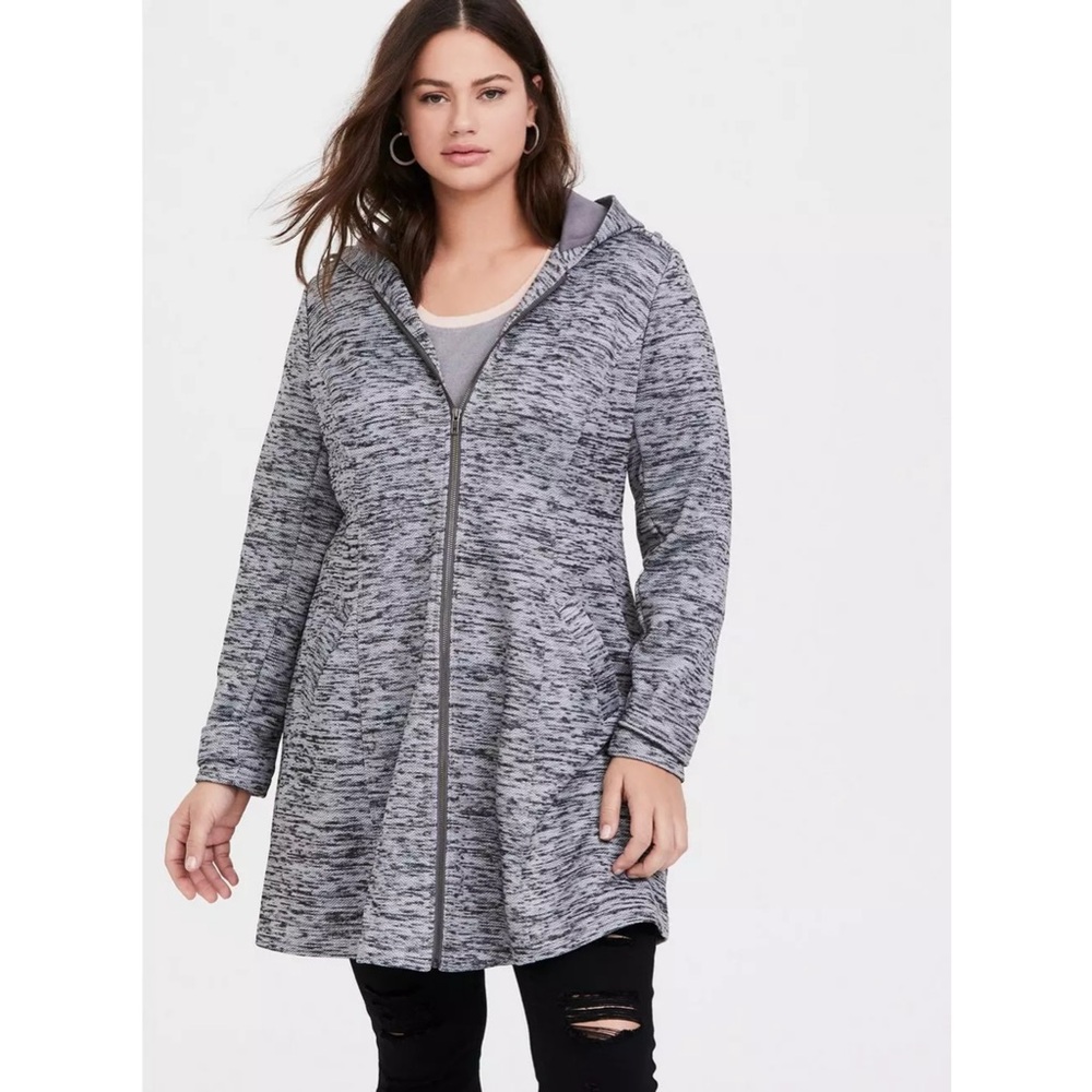 Torrid‎ Hacci Coat Women 2X Grey Hooded Fit Flare Knit Space Dye Full Zip Swing